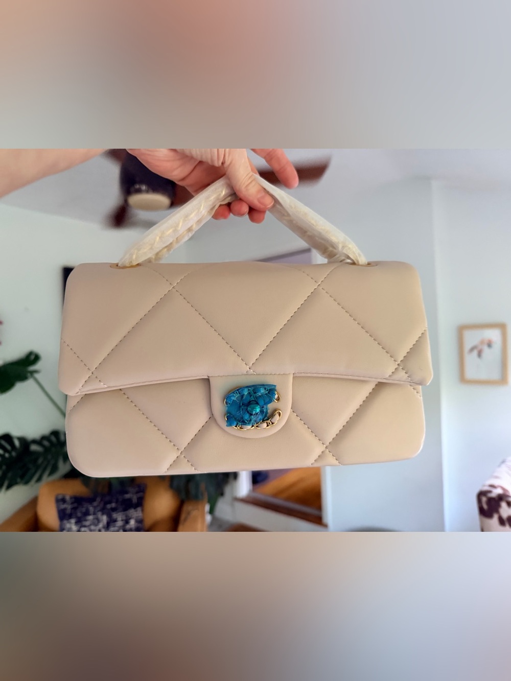 FULL SET Source Unknown Light Beige Lambskin Chanel 19 Flap Bag w Gold Hardware